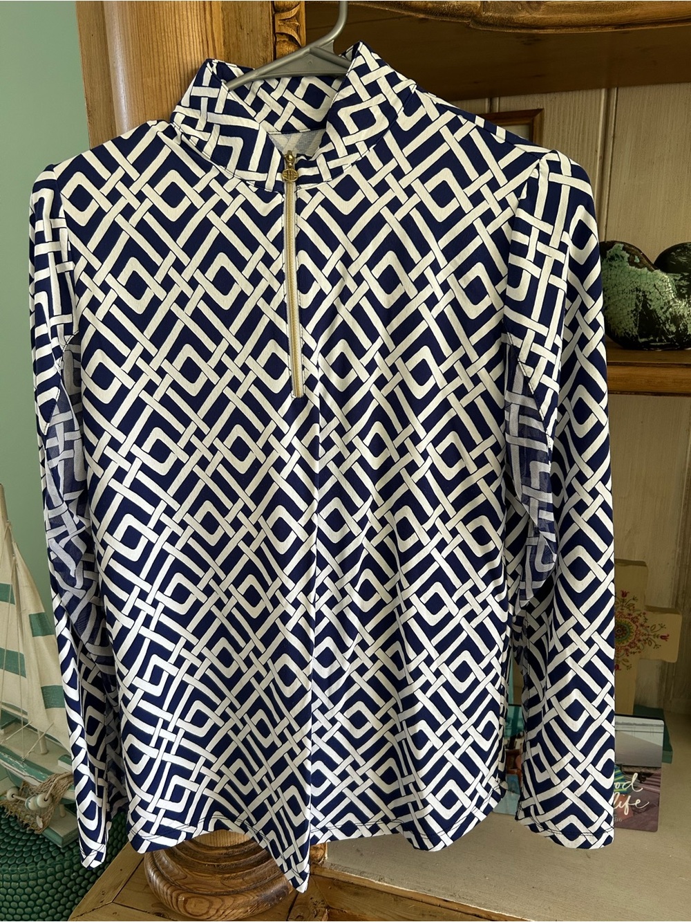 G Lifestyle Women’s Navy & White Geometric Quarter‑Zip Long Sleeve BreathableTop